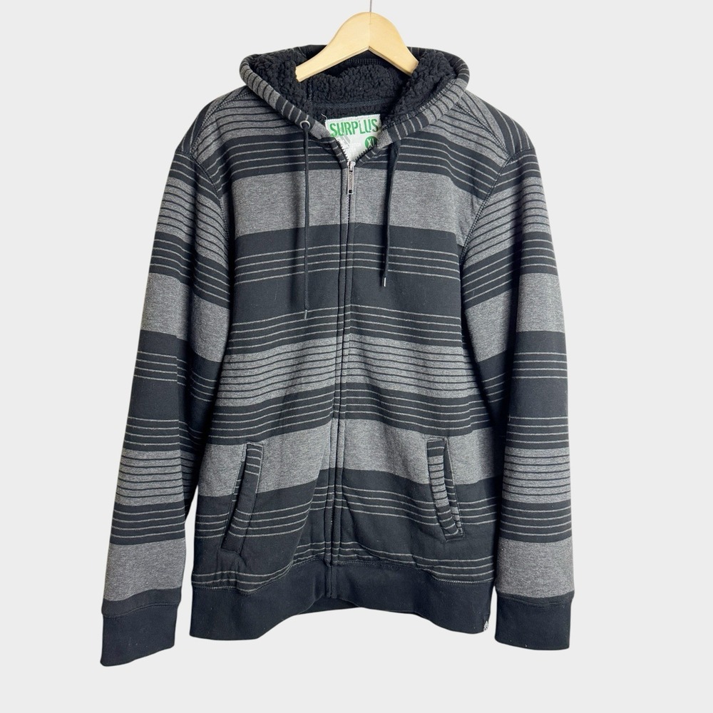 Surplus Men XL Gray Black Striped Zip Up Hoodie Jacket Sherpa Lined Skater